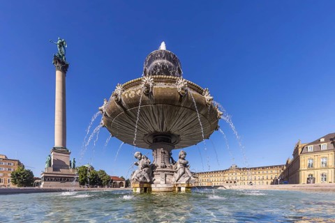 Schlossplatz Stuttgart with New Palace and fountain with fountain bowl. Place of interest in