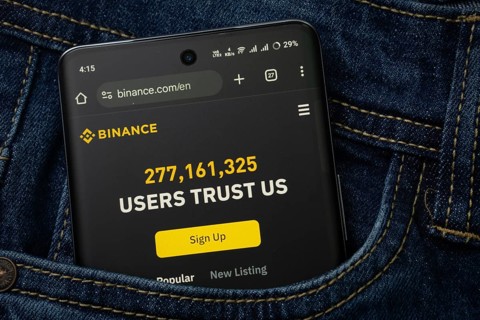 Dhaka, Bangladesh- 15 June 2025: A smartphone displaying the binance.com web interface peeks out of