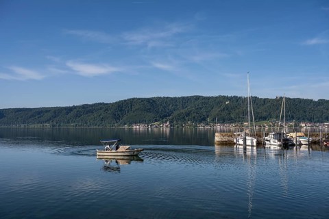 The harbour of Ludwigshafen, opposite the Lake Constance community of Bodman and the Bodanrück,