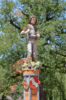 Sculpture of St George with lance, St George's Fountain, dragon slayer, detail, market fountain,