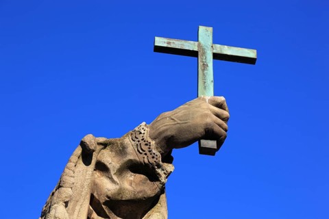 Detail of hand with cross, St John of Nepomuk on the Old Main Bridge, Würzburg, Lower Franconia,