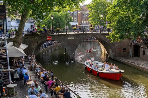 The old town centre of Utrecht, Oudegracht, around 2 km long with many old houses, shops,