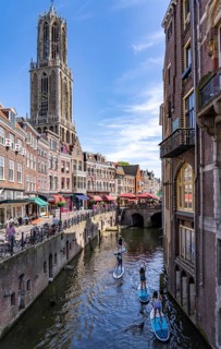 The old town centre of Utrecht, Oudegracht, around 2 km long with many old houses, cathedral tower,