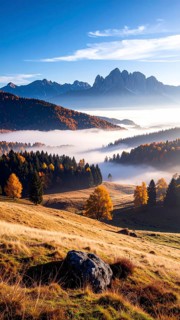 Mystical foggy landscape in autumn, colorful trees in fog, misty mood nature atmosphere, AI
