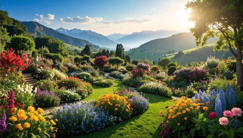 Bee-friendly garden design, colorful variety of blooming flowers in the summer, AI generated