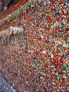 Stone wall with stick-on chewing gum, The Gum Wall, Seattle, Washington, USA, North America