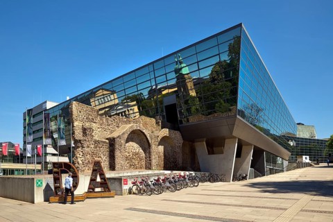 West side of the Darmstadtium congress centre with historic city wall in the centre of Darmstadt,