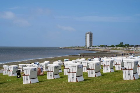 Beach chairs on the green beach, high-rise building, Büsum, North Sea, Schleswig-Holstein, Germany
