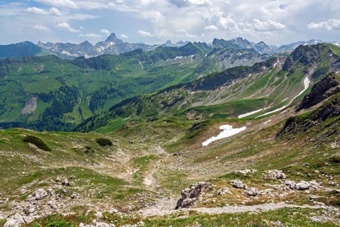View of the Allgäu Alps from the Nebelhorn, Hochvogel in the background, Oberstdorf, Oberallgäu,