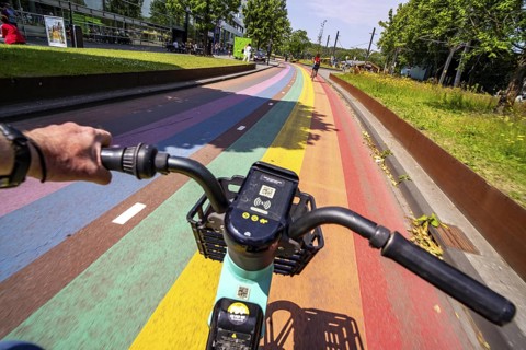 Rainbow cycle path through the university campus in Utrecht Science Park, 570 metres long, Utrecht