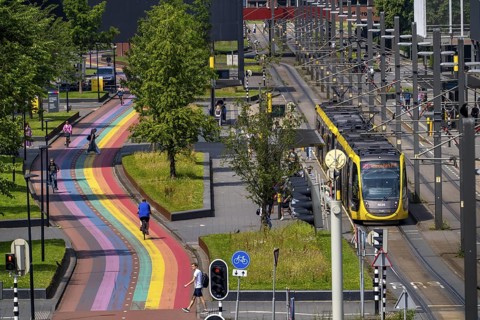 Rainbow cycle path through the university campus in Utrecht Science Park, 570 metres long, Utrecht
