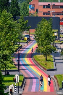 Rainbow cycle path through the university campus in Utrecht Science Park, 570 metres long, Utrecht