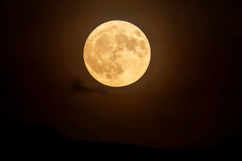 Yellow full moon shines calmly in the nightly darkness, full moon, strawberry moon 2025, Germany