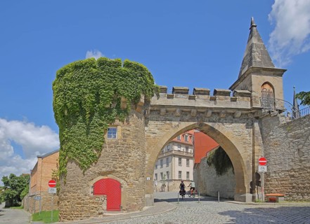 Historic Crooked Tor, city gate with archway, tower, city fortification, city wall, Merseburg,