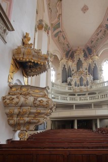 Pulpit with pulpit lid and organ of the baroque town church, pulpit bonnet, sounding board, pulpit