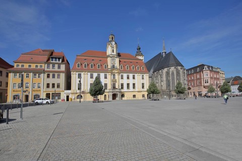 Baroque town hall and late Gothic St Mary's Church, Market Square, Weißenfels, Saxony-Anhalt,