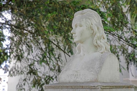 Novalis monument to writer and philosopher Friedrich von Hardenberg, head, bust, inscription,