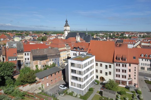 Townscape of Weißenfels, view of houses, church tower, St. Marien, Weißenfels, Saxony-Anhalt,
