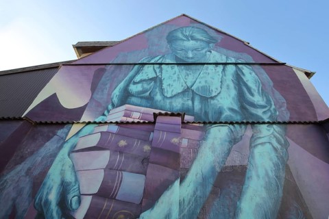 Mural Knowledge by Sokar Uno 2023, blue violet house wall, woman carrying a stack of books, books,