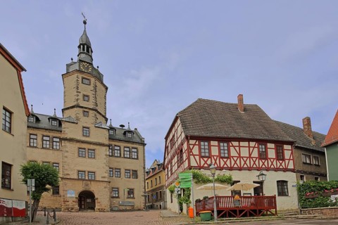 Town hall with tower built in 1662 and Wettiner Hof, restaurant, half-timbered house, Wettin,
