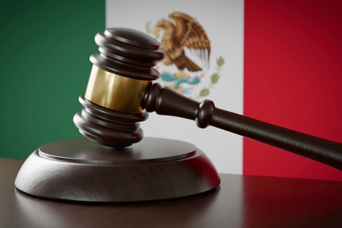 Wooden gavel resting on table in front of mexican flag