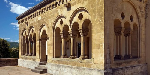 Neo-Romanesque hall in the inner courtyard of Bad Homburg vor der Höhe Castle, Hesse, Germany