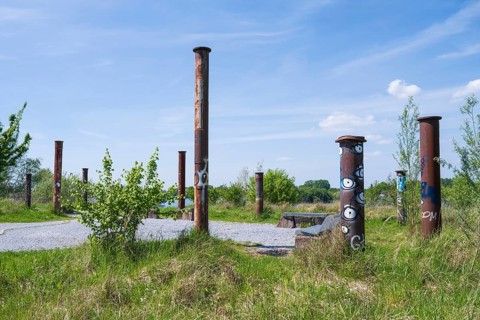Stelae on the viewing platform at Lake Lippe, reservoir, Sande, Paderborn, Westphalia, North