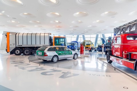 Gallery of helpers with rescue and police vehicles. The Mercedes-Benz Museum in Stuttgart presents