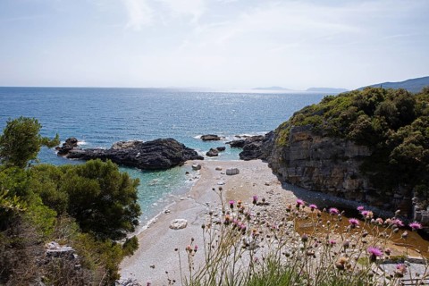 Milopotamos Beach on the Aegean Sea, Pelion Peninsula, Thessaly, Greece, newly created by Storm
