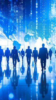 Business, abstract background, blur computer code, silhouette of walking people in a hall, blue
