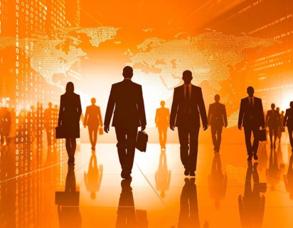 Business, abstract background, blur computer code, silhouette of walking people in a hall, orange