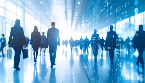 Business, abstract background, blur computer code, silhouette of walking people in a hall, blue