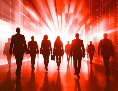 Business, abstract background, blur computer code, silhouette of walking people in a hall, red