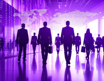 Business, abstract background, blur computer code, silhouette of walking people in a hall, purple