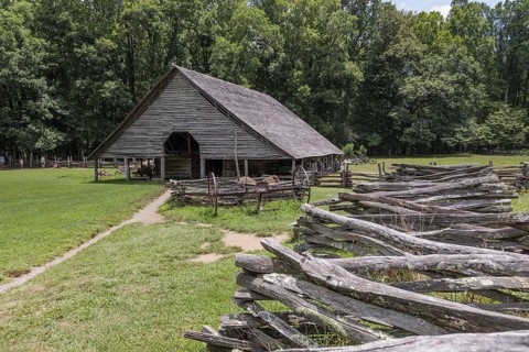 Historic log buildings at the Oconaluftee Visitor Center at Great Smoky Mountains National Park