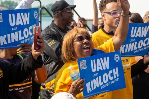 Detroit, Michigan USA - 7 June 2025 - Members of the United Auto Workers rally to support Rev.