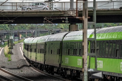 Flixtrain train on the route between Bochum and Dortmund, North Rhine-Westphalia, Germany