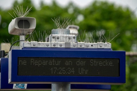 Display board, at a station, train cancellation announcement due to construction work, display