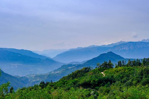 View from the pilgrimage church, Santuario della Madonna di Pinè on the Valsugana, Montagnaga, Val