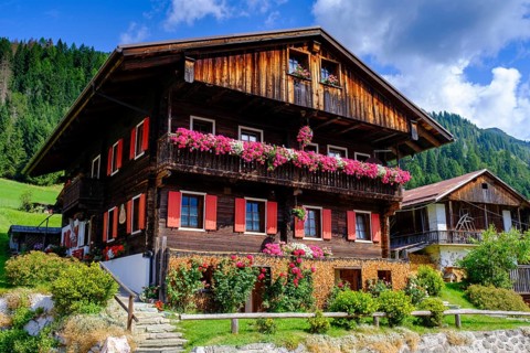 Old farmhouses in the hamlet of Kottern, Sappada, Plodn, Carnic Alps, Julian Friuli, Italy