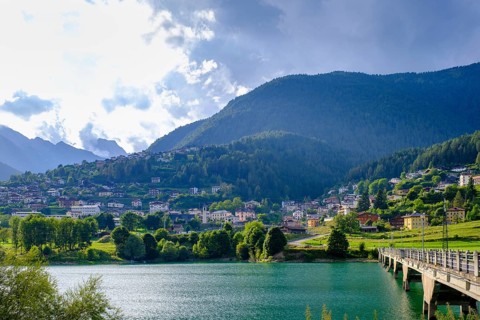 Vallesella at the reservoir, Lago di Centro di Cadore, Pieve di Cadore, Dolomites, Trentino, Italy