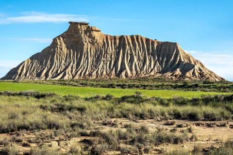 Colorful rock formation, semi-desert, Bardena Blanca area, Bardenas Reales Nature Park, Navarre,