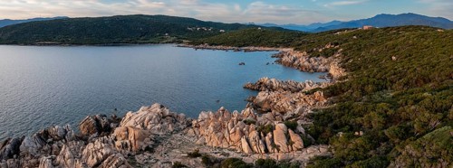 Aerial view, rocky coast near Porto Pollo, Corsica, France