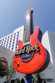 Neon guitar sign in front of the Hard Rock Casino along Highway 90 in Biloxi, Mississippi