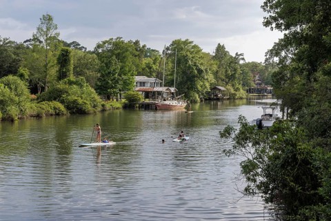 Young women paddleboarding on the Magnolia River in Magnolia Springs, Alabama