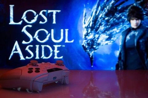 A video game setup featuring a controller and Lost Soul Aside screen with silhouetted figures