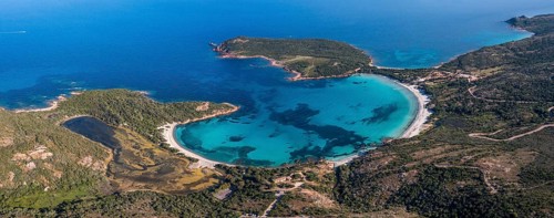 Aerial view, Plage de Rondinara, turquoise sea, sandy beach, bay, Corsica, France