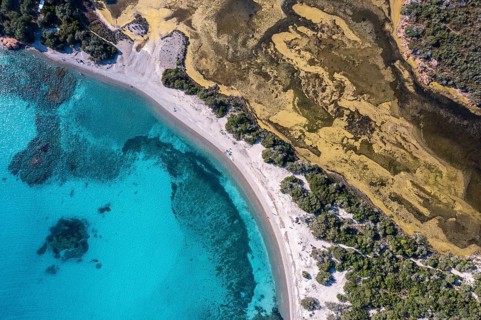 Aerial view, turquoise-coloured sea, sandy beach, Corsica, France