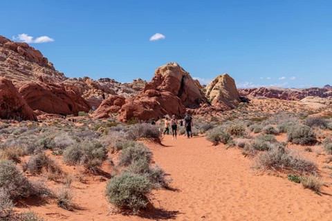 Hikers near the trailhead of the Fire Canyon Overlook Trail at Valley of Fire State Park near