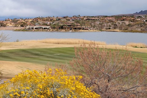 Colorful desert landscaping on a golf course along the shoreline of Las Vegas Wash at Lake Las